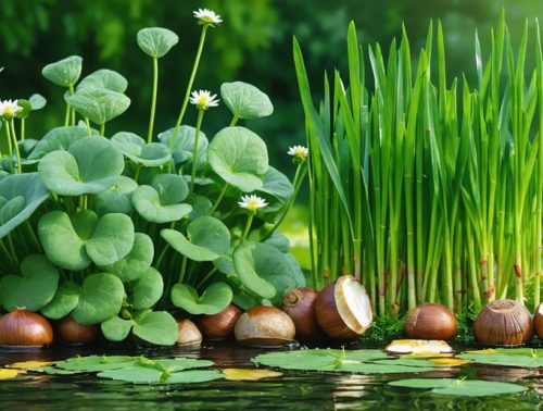 A picturesque pond displaying edible watercress, cattails, water chestnuts, lotus, and water lilies, emphasizing their unique identifying features.