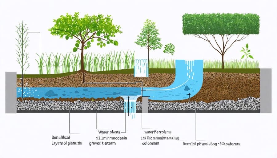 Technical illustration of natural filter bog construction layers and water circulation