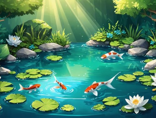 A serene garden pond ecosystem featuring diverse plant life, including water lilies and cattails, koi fish, and crystal-clear water, illustrating the balance and harmony within natural water systems.