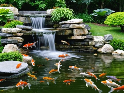 A harmonious water garden featuring layers of native aquatic plants, koi fish, and a softly flowing waterfall, illustrating a self-sustaining and balanced ecosystem.