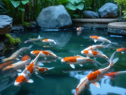 A tranquil nighttime koi pond scene featuring soft LED lights that gently illuminate vibrant koi and surrounding landscape, promoting both beauty and eco-friendliness.