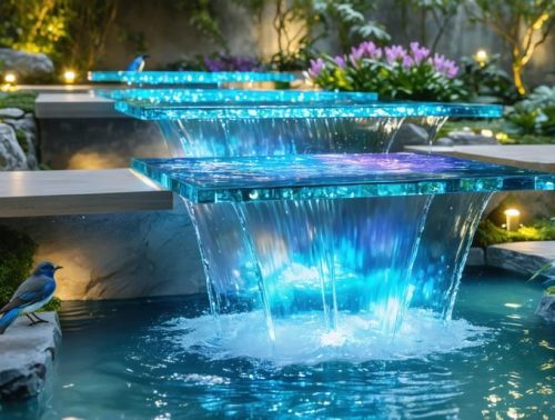 A modern garden fountainscape with interactive smart glass panels and eco-friendly materials, displaying color-changing effects as water flows down, surrounded by wildlife.