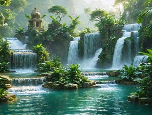 Artistic portrayal of a mystical water garden inspired by ancient mythologies, featuring cascading waterfalls, sacred pools, and enchanted plant life symbolizing timeless beauty and divine connection.