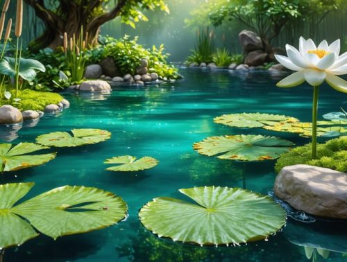A vibrant garden pond with clear water, surrounded by diverse aquatic plants and natural filtration elements like lava rocks, symbolizing a balanced ecosystem.