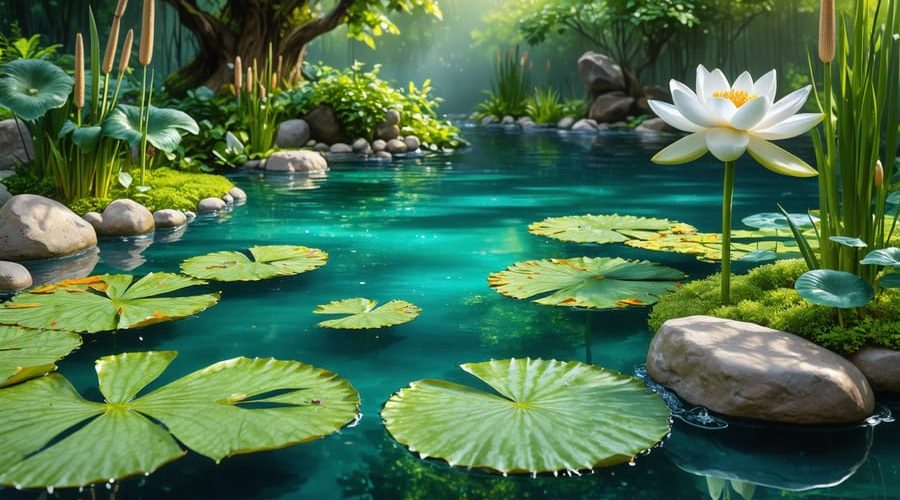 A vibrant garden pond with clear water, surrounded by diverse aquatic plants and natural filtration elements like lava rocks, symbolizing a balanced ecosystem.