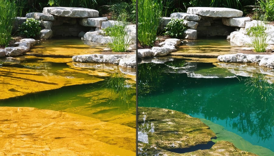 Split view comparison of a clear naturally filtered pond versus a cloudy chemically treated pond