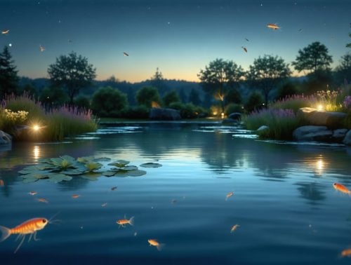 Conceptual illustration of a garden pond at dusk with warm, dim lights and abstract representations of zooplankton, highlighting their interaction with natural and artificial light cycles.