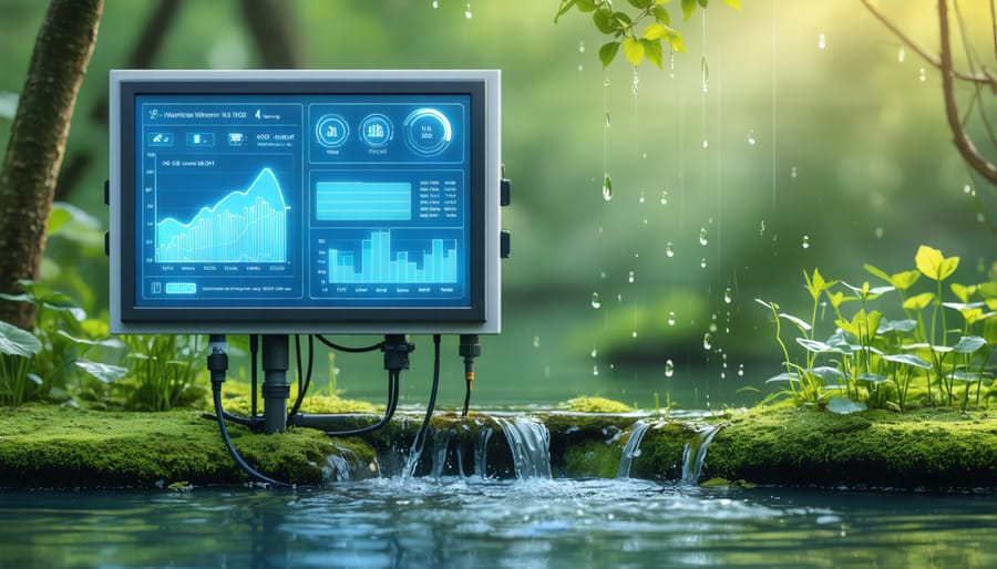 Modern water quality monitoring system showing pH, temperature, and oxygen level readings