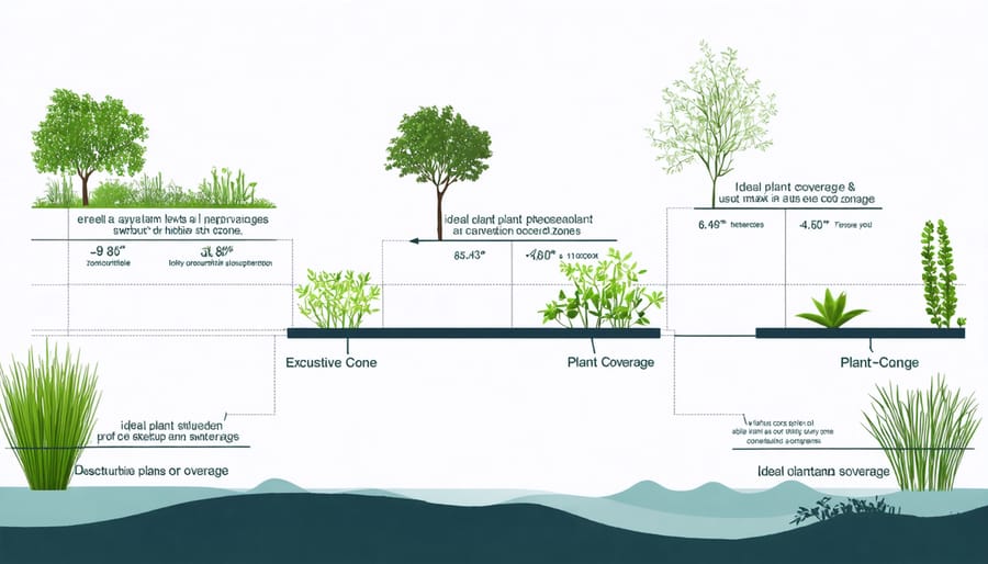 Illustrated cross-section of pond showing recommended plant coverage zones