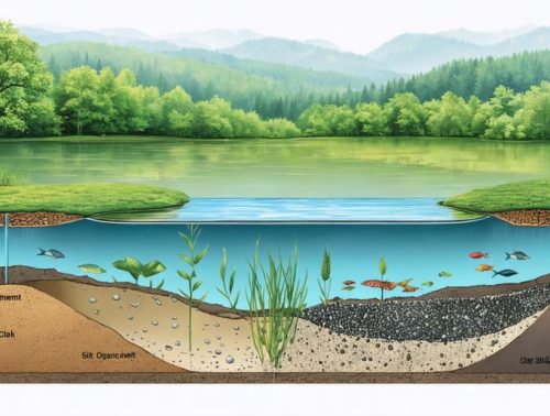 "Illustration showing a cross-section of a pond highlighting different sediment layers such as organic matter, silt, and clay, with beneficial bacteria and aquatic plants denoting sediment management."