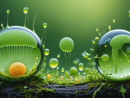 An imaginative illustration of a vibrant microscopic ecosystem within a droplet of pond water, displaying a variety of microorganisms such as paramecia and vorticella, with a background hint of a backyard pond.