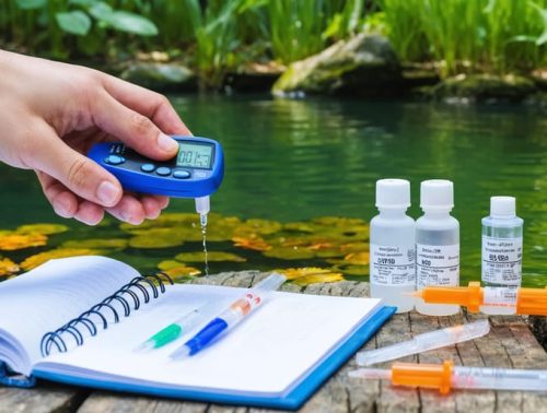A peaceful pond scene with clear water and greenery, featuring a person testing the water using a digital meter and test strips, with tools and a logbook arranged nearby, symbolizing pond water quality monitoring.