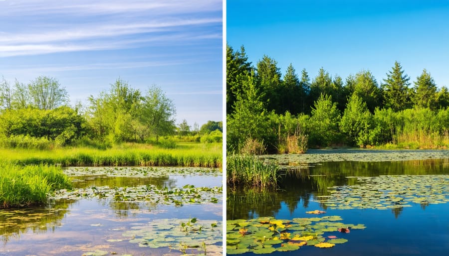 Side-by-side comparison of pond plant maintenance in summer versus winter