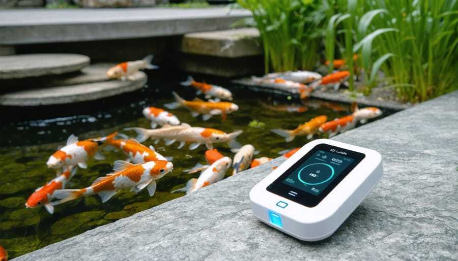 Smart pH sensor monitoring device mounted near a crystal-clear koi pond