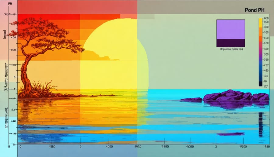 Colorful pH scale showing ideal ranges for pond water with digital display overlay