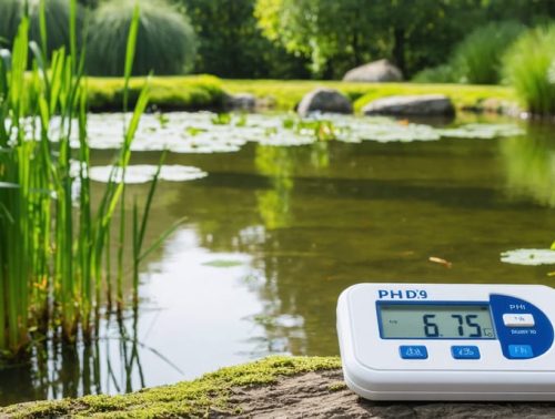 A tranquil pond with greenery and a digital pH monitoring device indicating optimal pH levels between 6.5 and 7.5, representing smart water pH management.