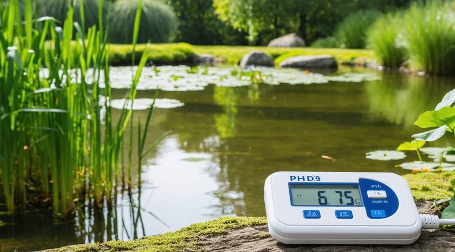 A tranquil pond with greenery and a digital pH monitoring device indicating optimal pH levels between 6.5 and 7.5, representing smart water pH management.