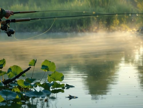 An angler casting a lightweight fishing line into a tranquil pond during dawn, surrounded by lily pads and natural debris, illustrating strategic fishing methods for enhancing fish breeding success.