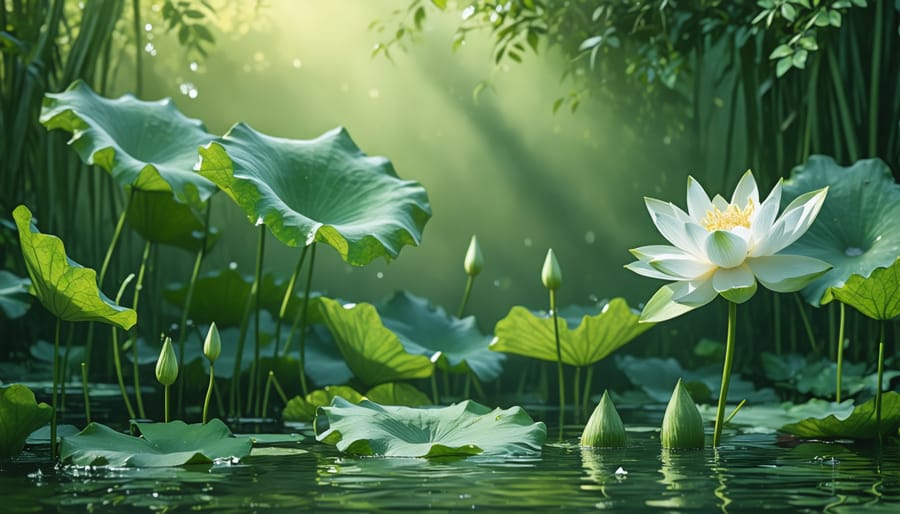 Heat-resistant water lilies and lotus flowers blooming in summer water garden