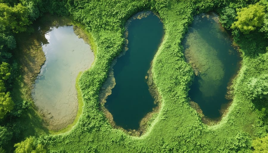 Bird's eye view of 3 Ponds Park showing three distinct water bodies connected by natural channels