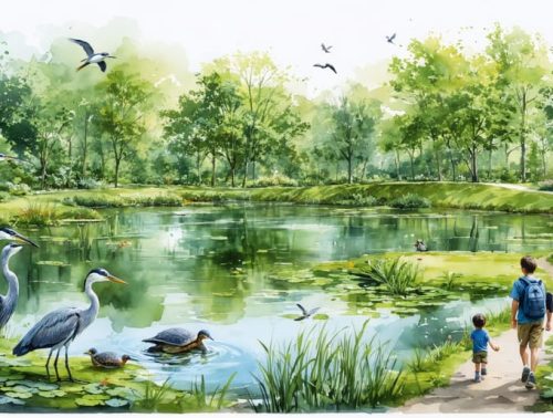 Artistic illustration of Three Ponds Park showcasing three interconnected ponds surrounded by native wildlife and plants, with a family and volunteers participating in conservation activities.