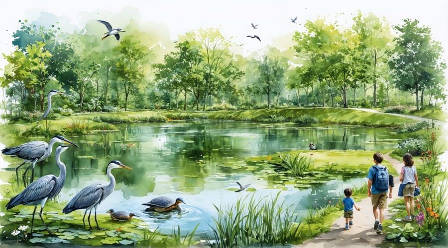 Artistic illustration of Three Ponds Park showcasing three interconnected ponds surrounded by native wildlife and plants, with a family and volunteers participating in conservation activities.