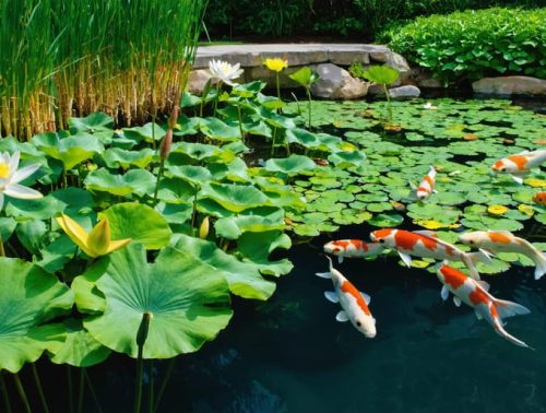 Serene pond ecosystem with blooming water lilies, marginal plants like cattails, and colorful koi fish swimming beneath the water surface.