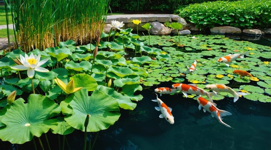 Serene pond ecosystem with blooming water lilies, marginal plants like cattails, and colorful koi fish swimming beneath the water surface.