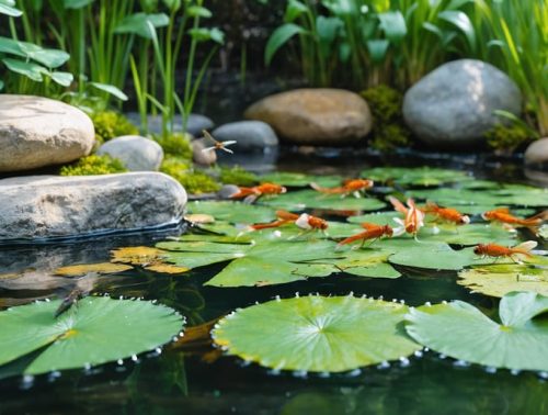 A backyard pond showcasing a variety of microhabitats, with submerged rocks, floating plant islands, and aquatic plants. Fish swim through the water while a dragonfly perches on a lily pad, illustrating the pond's rich biodiversity and ecological balance.