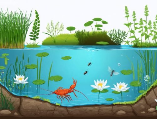 An illustrated cross-section of a pond showcasing different aquatic plant zones and invertebrates, including marginal plants, floating lilies, and submerged vegetation, with crayfish and dragonfly nymphs in a vibrant ecosystem.