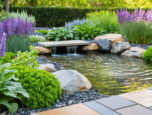 A water-efficient garden featuring drought-resistant lavender and sage around a small pond, with a visible drip irrigation system and layers of organic mulch.