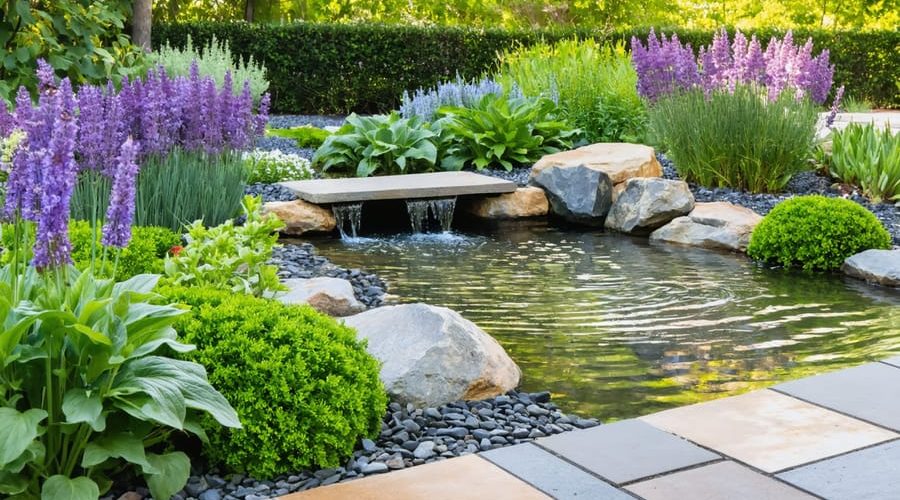 A water-efficient garden featuring drought-resistant lavender and sage around a small pond, with a visible drip irrigation system and layers of organic mulch.