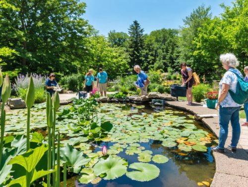 Garden club members enthusiastically participating in a water gardening workshop by a beautiful demonstration pond filled with blooming aquatic plants.