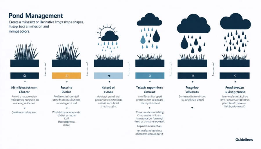 Visual guide demonstrating pond management strategies for drought, heavy rain, and temperature fluctuations
