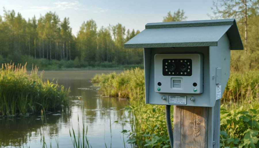 Modern monitoring equipment installed near pond edge for wildlife tracking and water quality measurement