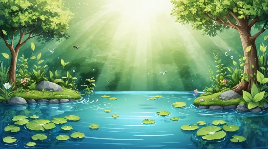 A conceptual illustration of a water garden featuring various aquatic plants. The scene shows a harmonious blend of natural beauty and learning, with a child engaging with the environment, symbolizing the integration of ABA teaching methods in a naturalistic pond setting.