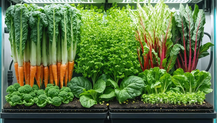 Healthy lettuce, herbs, and vegetables growing in floating rafts above fish tank