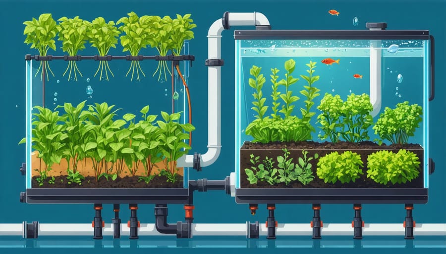 Diagram of a complete aquaponics system with labeled components and water flow indicators