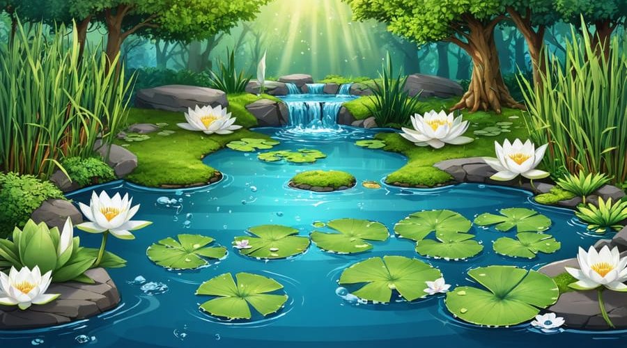 Illustration of a water garden showcasing aquatic plants acting as a natural filtration system, featuring water lilies, hornwort, and cattails in a serene environment.