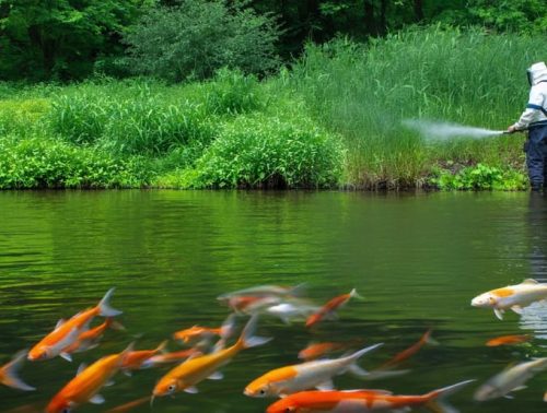 A tranquil pond scene with healthy fish and vibrant aquatic plants, where a person in protective gear is applying a chemical treatment to control weeds, illustrating a balanced approach to pond maintenance.