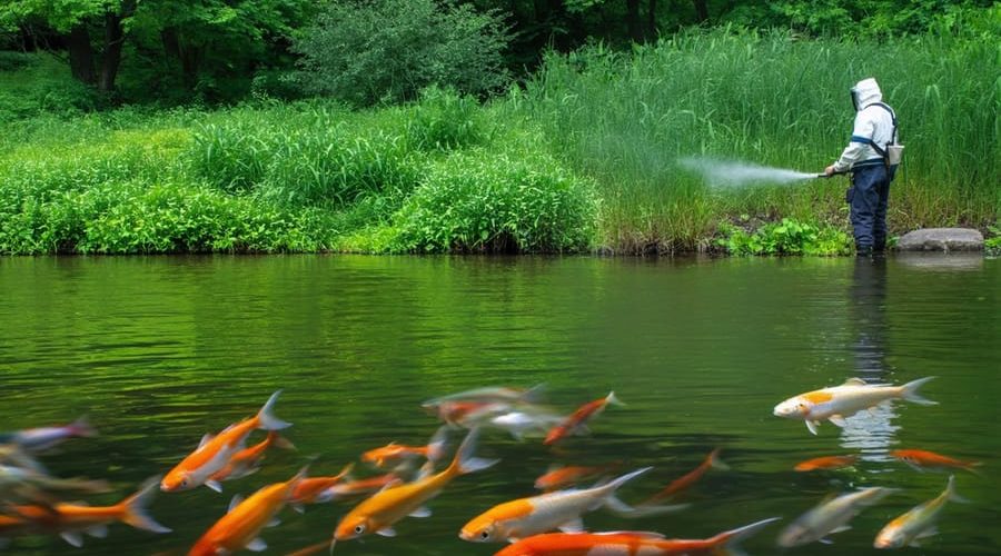 A tranquil pond scene with healthy fish and vibrant aquatic plants, where a person in protective gear is applying a chemical treatment to control weeds, illustrating a balanced approach to pond maintenance.