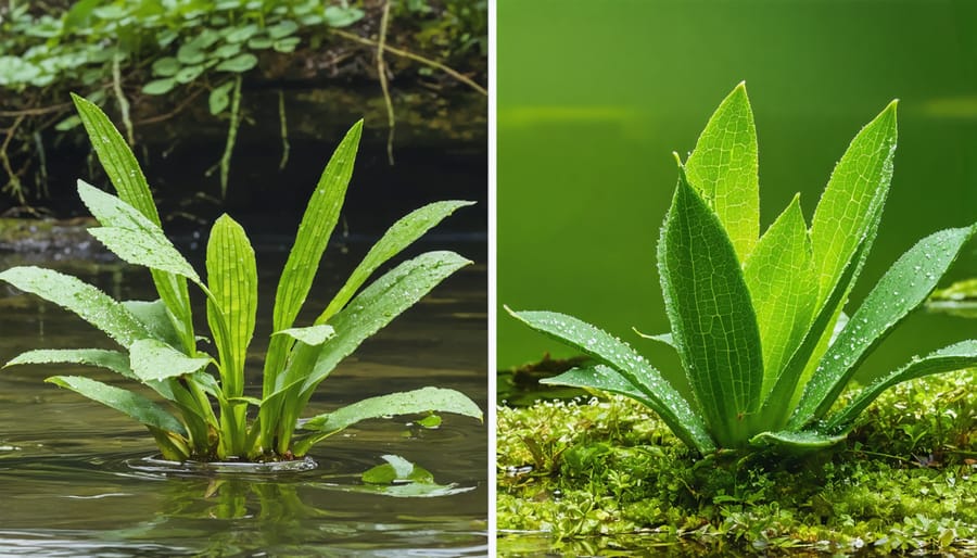 Comparison chart showing visual differences between beneficial pond plants and harmful invasive species
