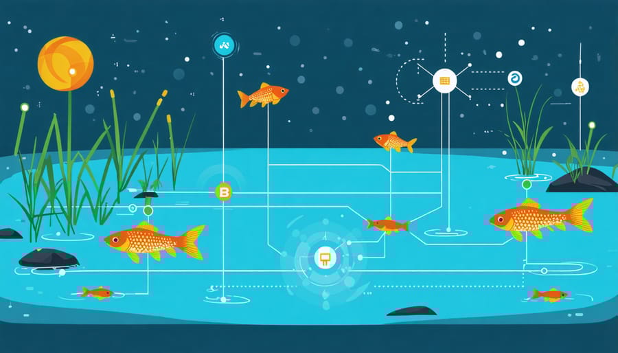 Digital diagram of blockchain-enabled fish tracking system with IoT sensors