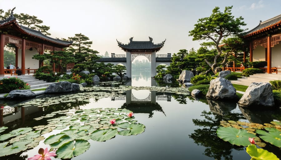 Traditional Chinese water garden showcasing moon gate and native aquatic flora
