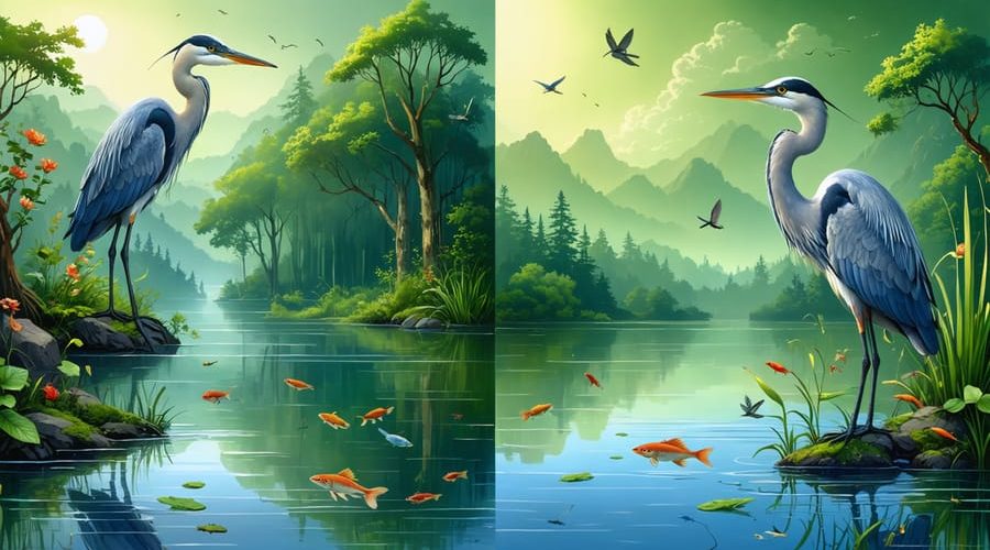 Illustration of pond ecosystem with herons and aquatic life, comparing the impact of climate change on predator behavior in serene vs. dynamic waters.