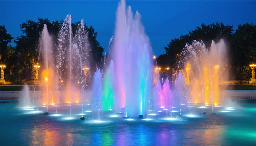 Multi-colored LED lights illuminating fountain water streams in purple, blue, and green hues