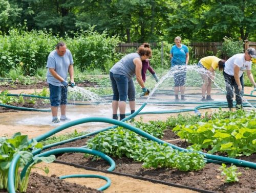 Gardeners lined up to access a shared water source in a community garden, with tangled hoses illustrating the challenges of efficient water distribution and management.