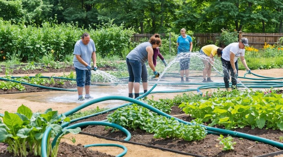 Gardeners lined up to access a shared water source in a community garden, with tangled hoses illustrating the challenges of efficient water distribution and management.