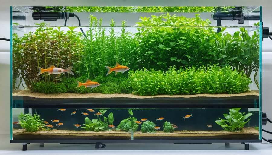 Working aquaponics system showing fish tank, grow beds, and thriving plants