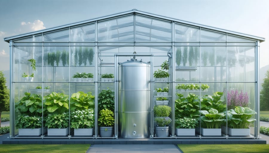 Installed greenhouse water collection system with labeled components